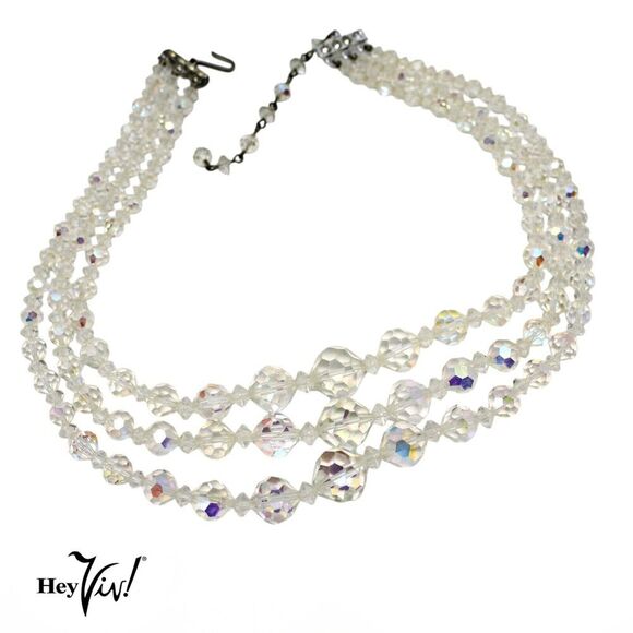 Vintage Aurora Borealis Crystal Bead Necklace 3 Strand Graduated 16" - Hey Viv - Picture 1 of 6